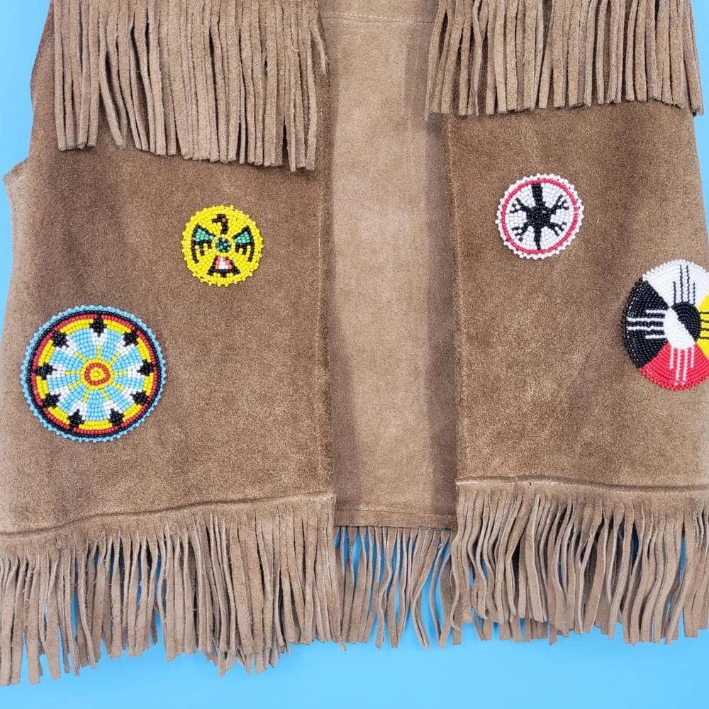 Vintage Western Suede Leather Fringe Vest Youth Beaded Native Style Patch Brown